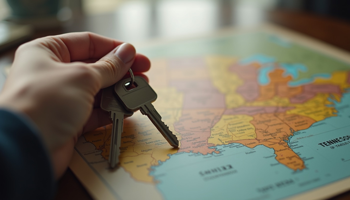 Close-up view of a hand holding house keys with a Tennessee map in the background