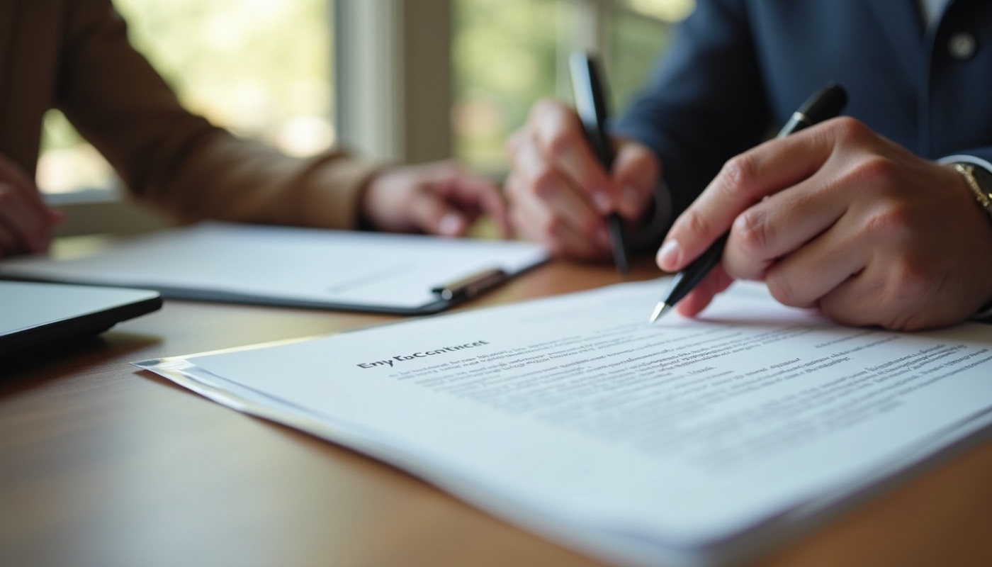 High angle view of a real estate contract being signed on a wooden table