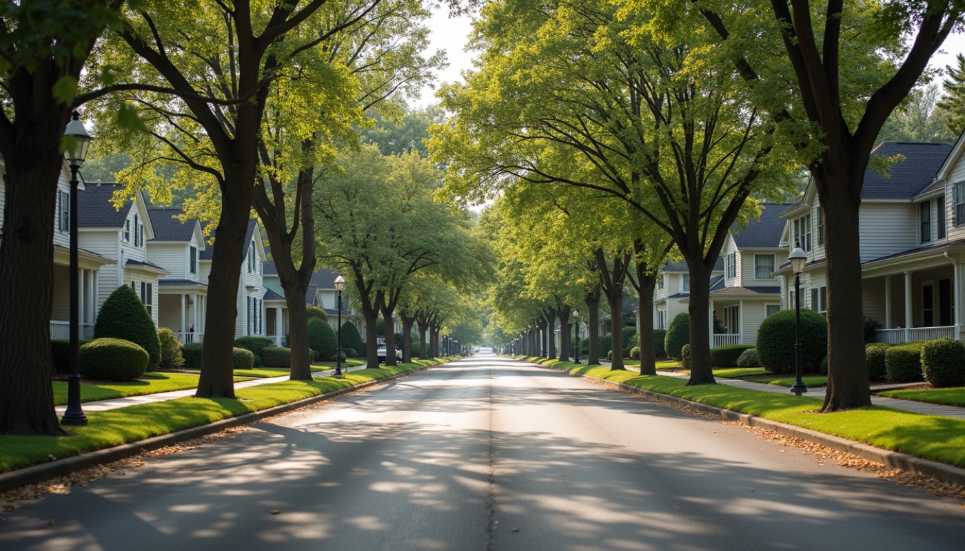 Eye-level view of a charming Nashville neighborhood street with houses and trees