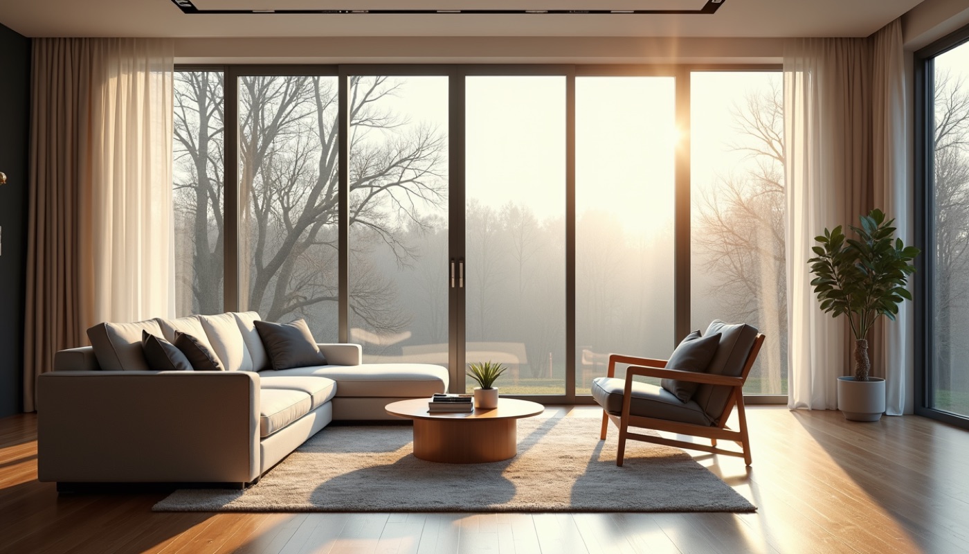 Wide angle view of a modern living room with large windows and natural light