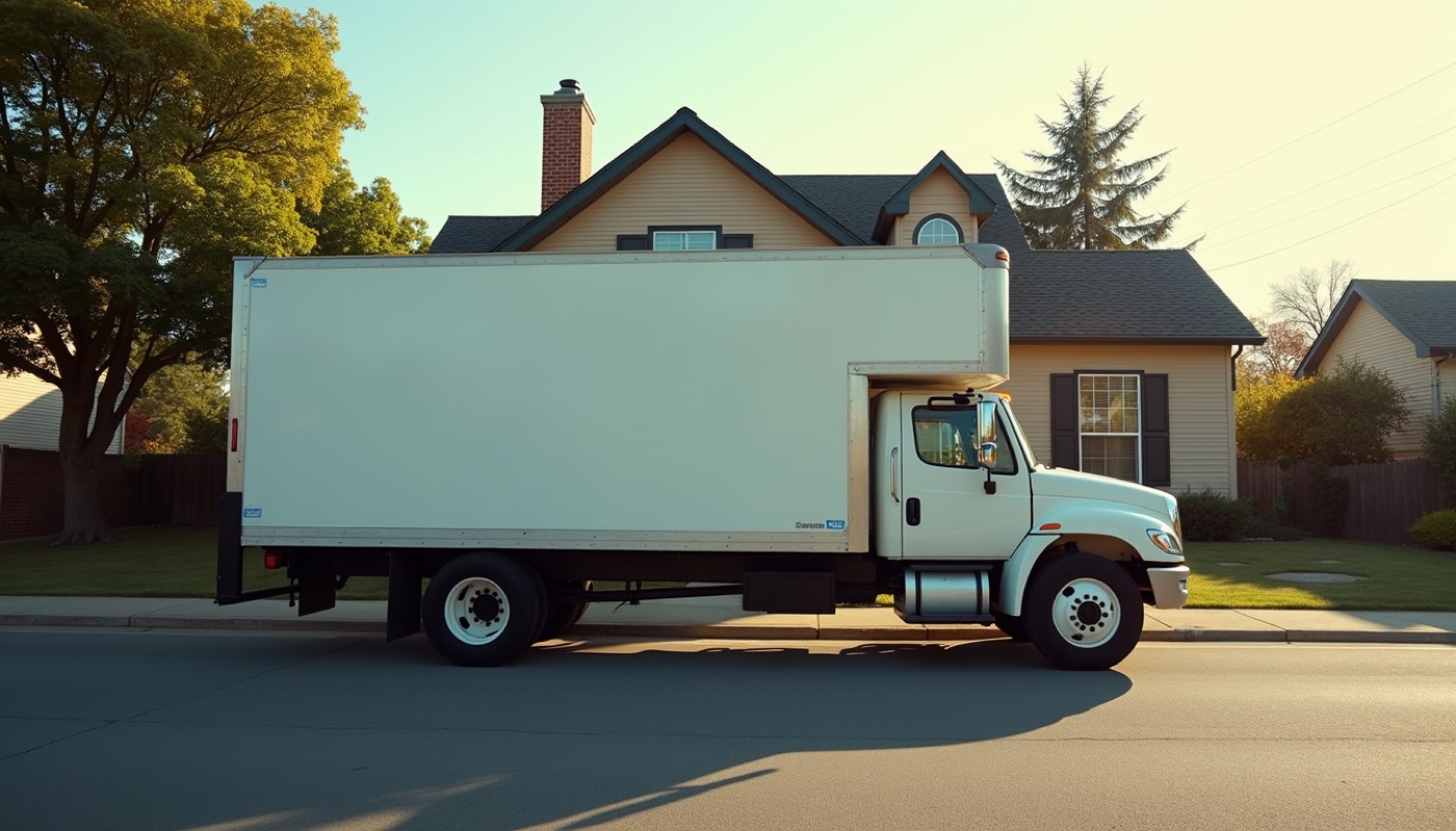 High angle view of a moving truck parked in front of a suburban house