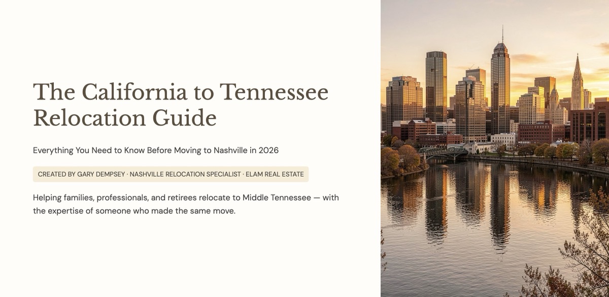 Cover of The California to Tennessee Relocation Guide by Gary Dempsey, with the Nashville skyline at sunset
