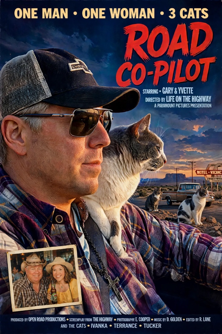 Movie-poster style photo titled Road Co-Pilot: Gary in sunglasses with a cat on his shoulder on a desert highway at sunset, with an inset photo of Gary and Yvette