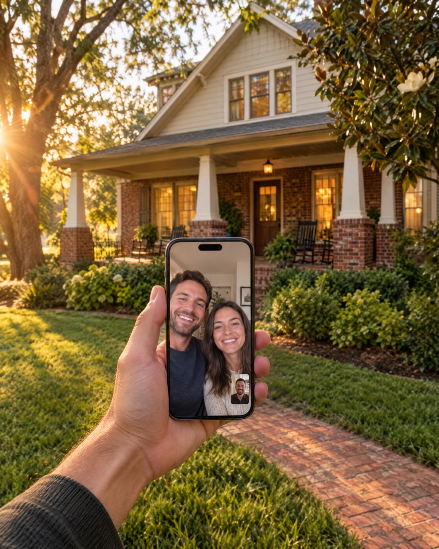 A hand holding up a phone on a live video call with a smiling couple, in front of a Nashville craftsman home at golden hour